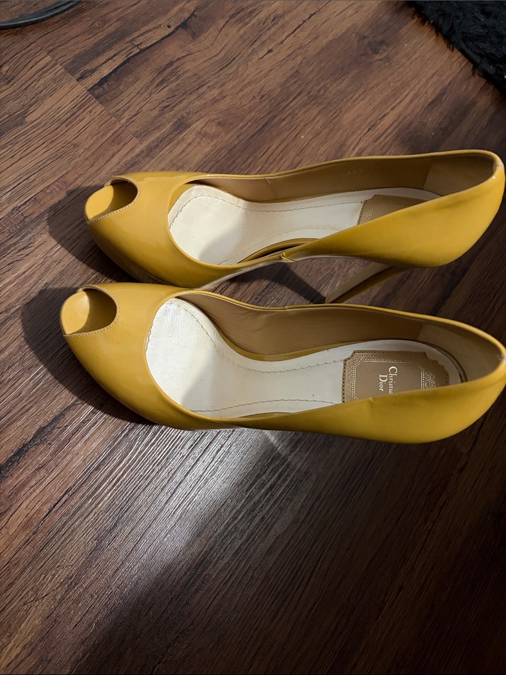 Vintage Christian Dior Mustard Yellow Peep-Toe Leather Pumps